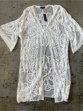 ADIVA NWT White Lace Embroidered Floral Kimono Cover-Up Size Large